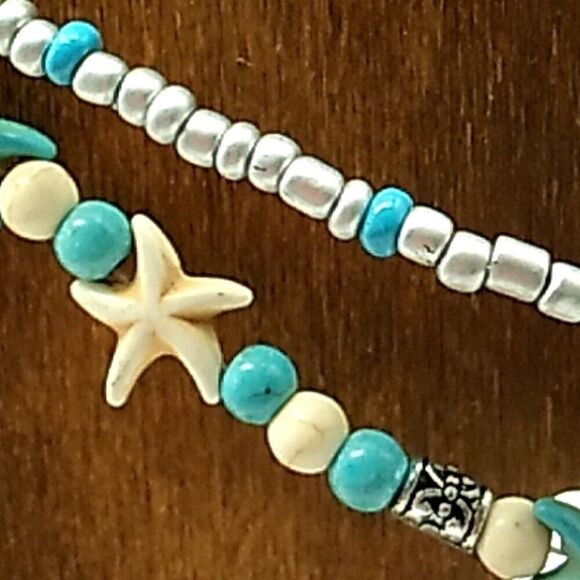 Double Strand Anklet Starfish Beaded Turtle Charm Turquoise & White NWOT - Picture 2 of 11